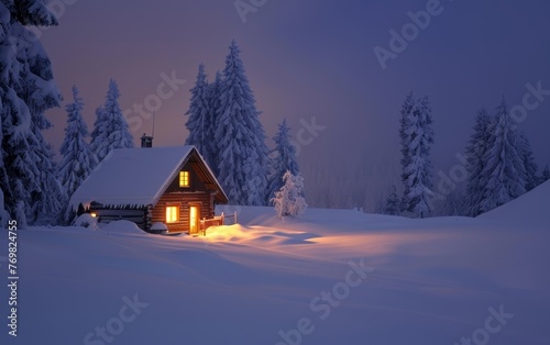 Under the early night sky, a secluded wooden cabin illuminates the pristine snow, with surrounding pine trees standing guard in the silent forest.