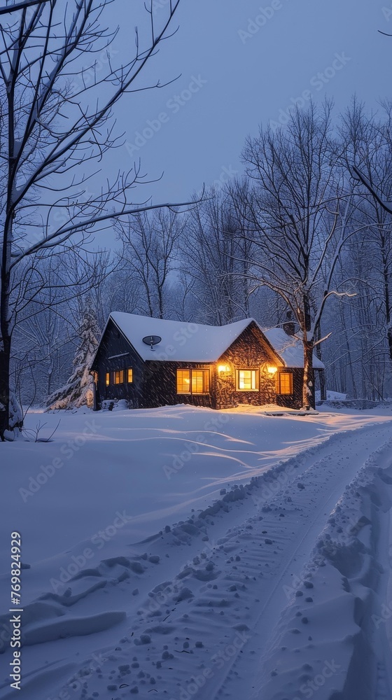 A charming, red-windowed cabin offers a warm refuge amidst a snow-covered forest, as twilight casts a soft blue ambiance over the silent, wintery scene. A charming, red-windowed cabin offers a warm refuge amidst a snow-covered forest, as twilight casts a soft blue ambiance over the silent, wintery scene.