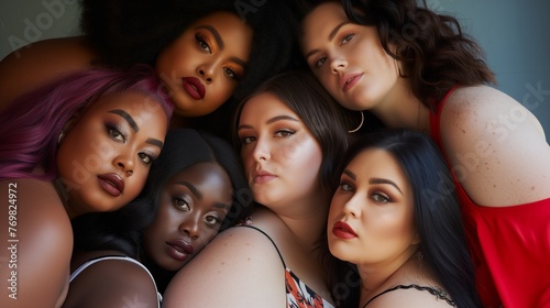 Close-up portrait of eight diverse plus-size women, showcasing beauty in different skin tones and styles, exuding confidence and camaraderie