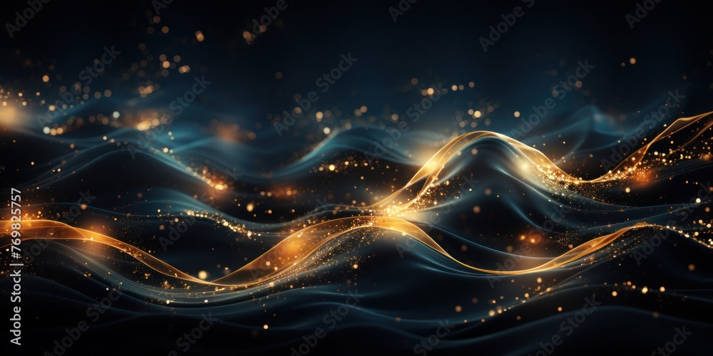Dark Blue Background With Gold Lights and Waves Generative AI