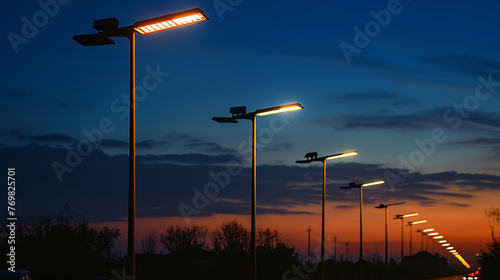 Renewable energy-powered street lights. Copy Space.