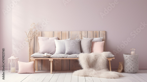 Scattering pastel cushions or decor items for a subtle pop of color. In the spirit of hygge. Copy space.