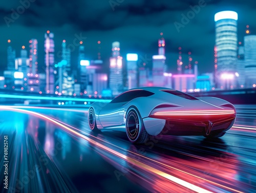 A sleek concept car with glowing lights races along a vibrant, neon-lit urban highway, against a backdrop of futuristic skyscrapers.