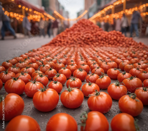 Tomato festival in Spain Tomatino. Tomatoes lie on the city streets photo