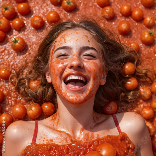 A girl stained with a tomato. Holiday in Spain Tomatino. Tomatoes lie on the city streets photo