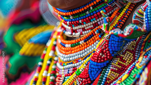 A detailed close-up of intricate traditional beadwork showcasing a rich tapestry of cultural art