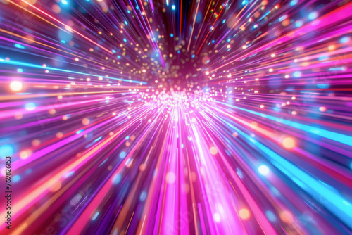 Dynamic array of neon light streaks racing towards viewer, creating sensation of hyperspeed with vibrant blend of pink and blue colors and illuminated particles. Ideal for illustrating speed