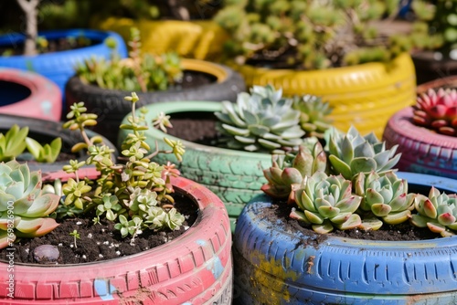 planting succulents in upcycled colorful tires © primopiano