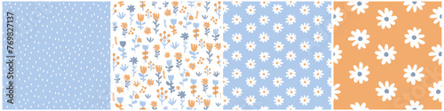 Hand Drawn Floral Irregular Seamless Patterns with White Chamomile Flowers on a Pastel Blue and Yellow Background. Trendy Infantile Style Abstract Garden Print. White Spots on a Light Blue. 