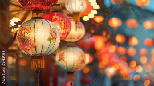 Beautiful close-up of Chinese lanterns, adorned with flowers and characters, glowing softly against a twilight sky, conveying a sense of celebration and tradition