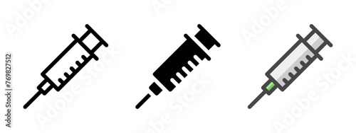 Multipurpose syringe vector icon in outline, glyph, filled outline style. Three icon style variants in one pack.