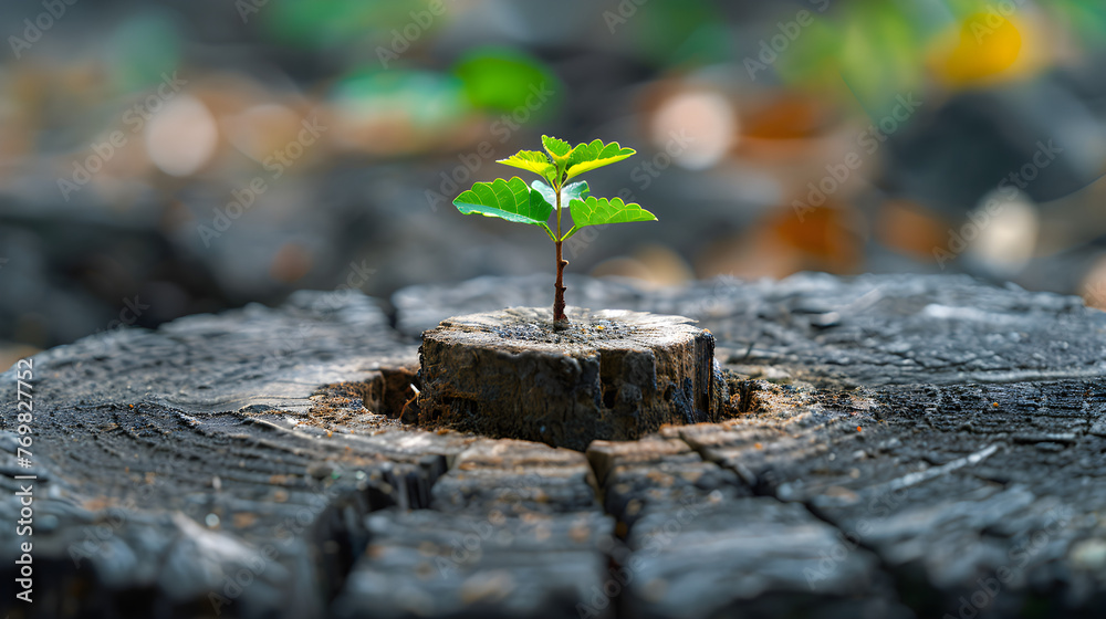A young tree sprouting from an old stump, symbolizing resilience ...