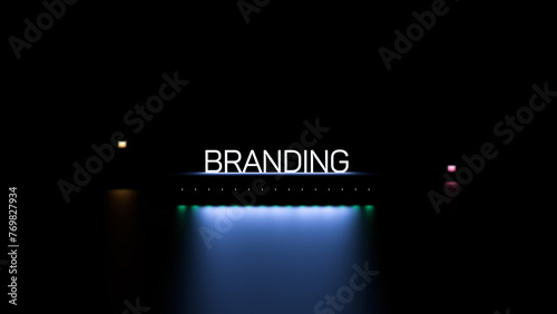 BRANDING, luminous text,word on a blurred dark background. Branding,brand business concept,wallpaper.3D render photo