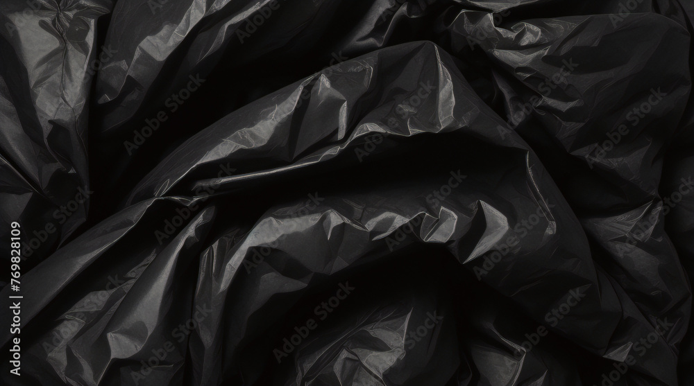 full frame abstract background of crumpled black plastic film bag