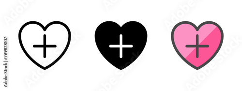 Multipurpose plus heart vector icon in outline, glyph, filled outline style. Three icon style variants in one pack.