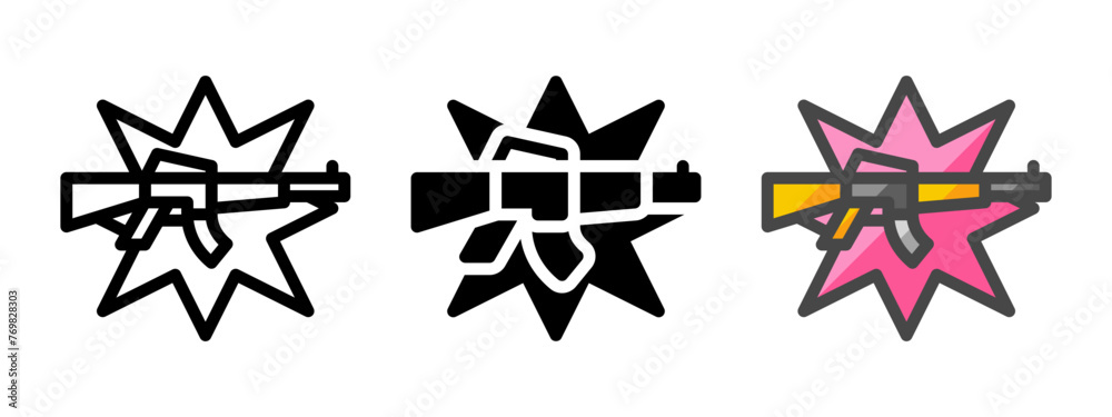 Multipurpose rush gun vector icon in outline, glyph, filled outline style. Three icon style variants in one pack.