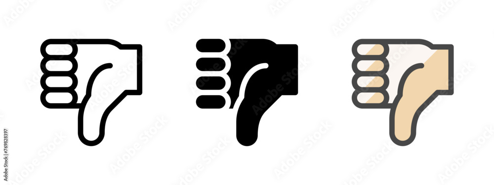 Multipurpose thumbs down vector icon in outline, glyph, filled outline style. Three icon style variants in one pack.