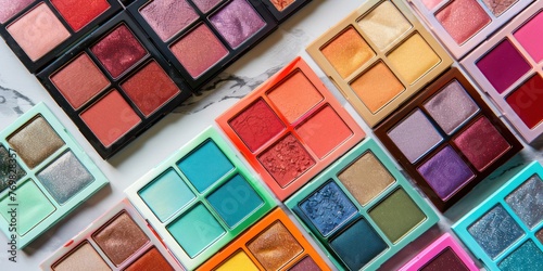 An array of vibrant eyeshadow palettes arranged neatly on a marble countertop.