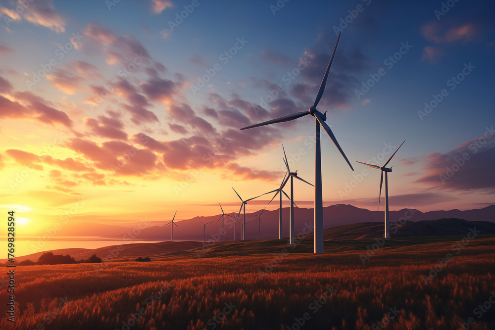 Obraz premium Wind turbines for the production of ecologically clean renewable energy electricity at sunset AI Generation