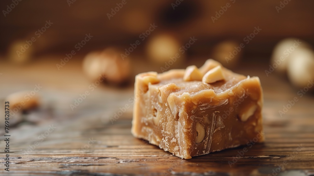 A close-up of a chewy caramel fudge square with nuts on wooden surface.