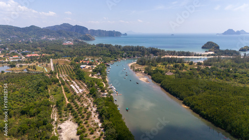 Drone aerial view of the port in Aonang in Thailand photo