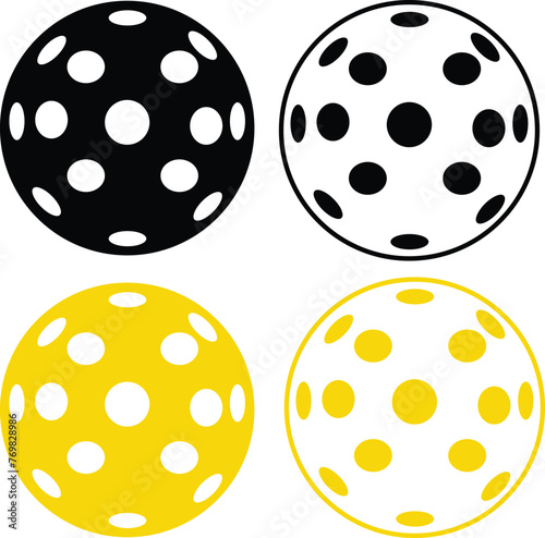 Ball pickleball black set icon. Ball pickleball black sign. Pickleball wiffle ball symbol. flat style. © theerakit