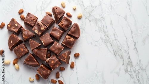 Pieces of dark chocolate with almonds scattered on a marble surface.