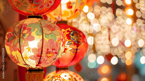 Assorted colorful lanterns adorned with elaborate floral designs illuminate a festive atmosphere