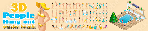 Large set of isometric, 3D people on vacation, girls in swimsuits, pool party, sun, beach, sea. beach bar with pool for parties. For vector illustration