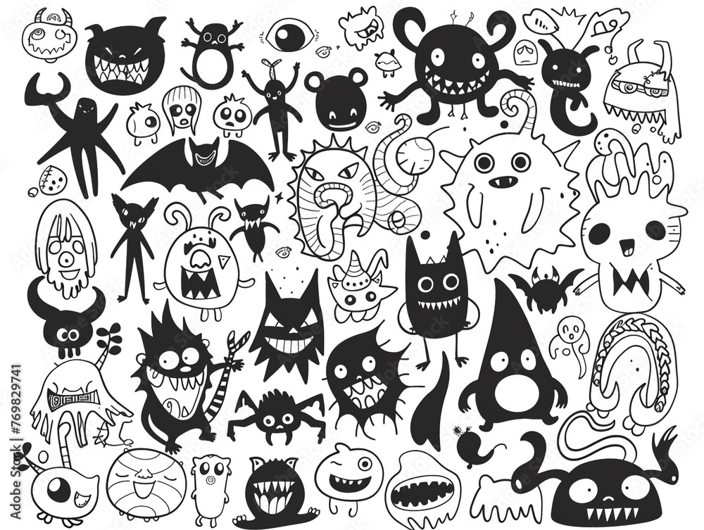 Doodle ink outline cartoon drawing on the theme of a cute little monster. Characters suitable for small children.