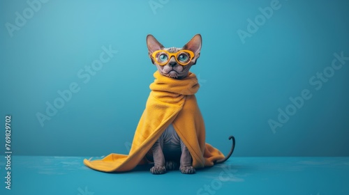 Sphinx cat in a yellow cape and electric blue goggles