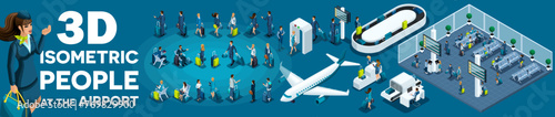 Large set of isometric, 3D people at the airport, businessmen with suitcases, and travelers with bags for flights. Airport Premises