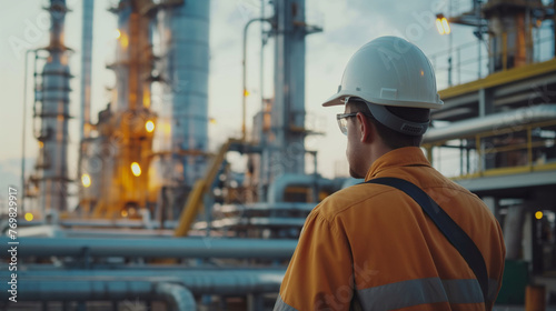 engineer wear safety helmet during work in chemical petrochemical petroleum refinery industry for pipeline of gas oil energy and equipment inspection for oil chemical industrial manufacturing business