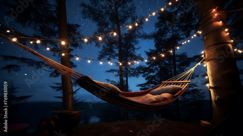 Relaxation in a hammock with a view of the stars. In the style of hygge