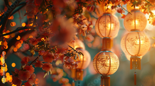 Exquisite lanterns hang from tree branches under a twilight sky, casting a soft, warm light photo