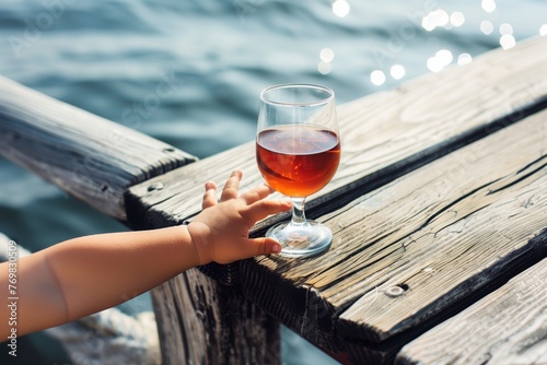 childs hand reaching for nonalcoholic wine glass on pier