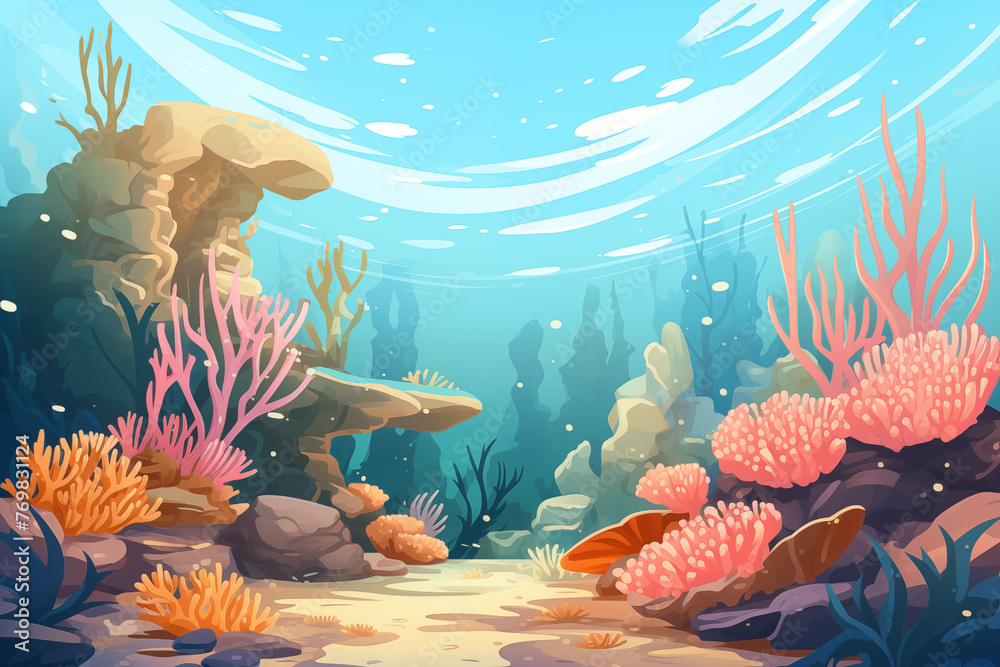 Cartoon underwater landscape. Under the sea world with coral reef, fish ...