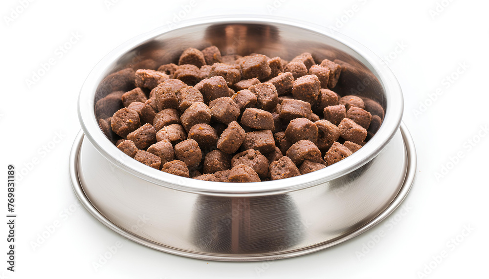 Metal animal bowl with dry feed. Isolated on white. Top view Metal animal bowl with dry feed. Isolated on white. Top view