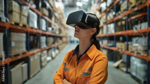 Warehouse worker using a virtual reality headset to visualize logistics operations in a modern storage facility.