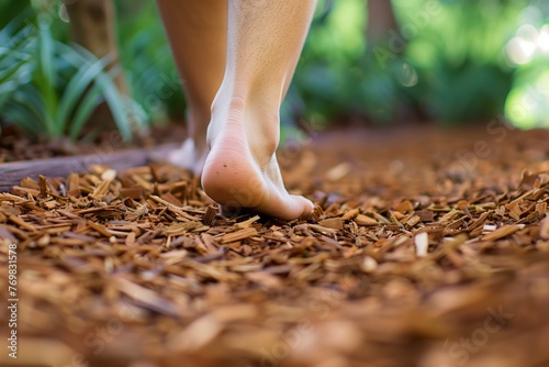 closeup of feet walking on a wood chip path