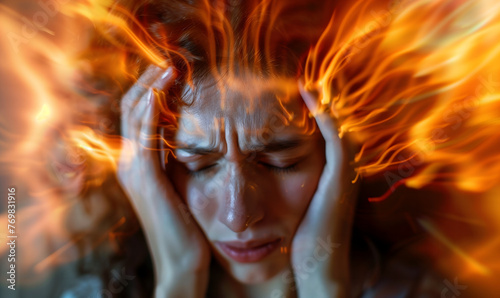 Woman suffering from strong headache pain, burnout and anxiety concept with blurry motion energy background.