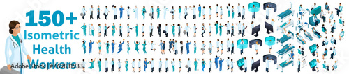 Large set of isometric, 3D Health workers, medical staff, nurses, doctors. Recruitment of doctors work with patients