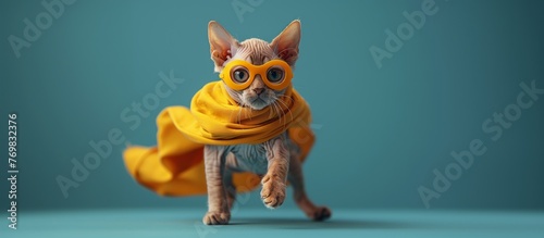A carnivorous feline with whiskers and tail wears a yellow cape and goggles