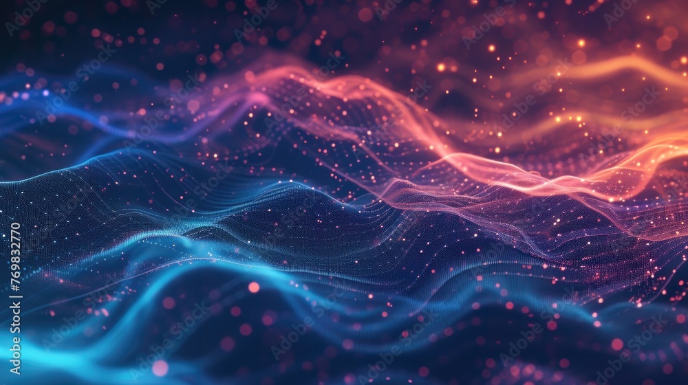 Fototapeta premium Futuristic technology abstract glowing background with wave for network, big data, data center, server, internet, speed. Abstract neon lights in technology tunnel.