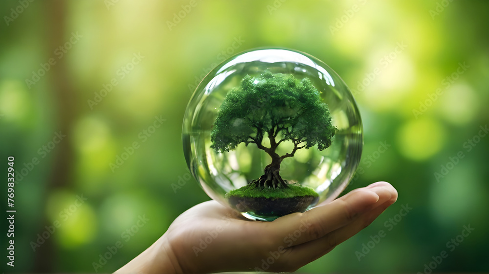 The tree is in a clear glass ball and growing tree in human hand, he concept of loving the world and preserving the environment, conserve energy and prevent nature from being destroyed.