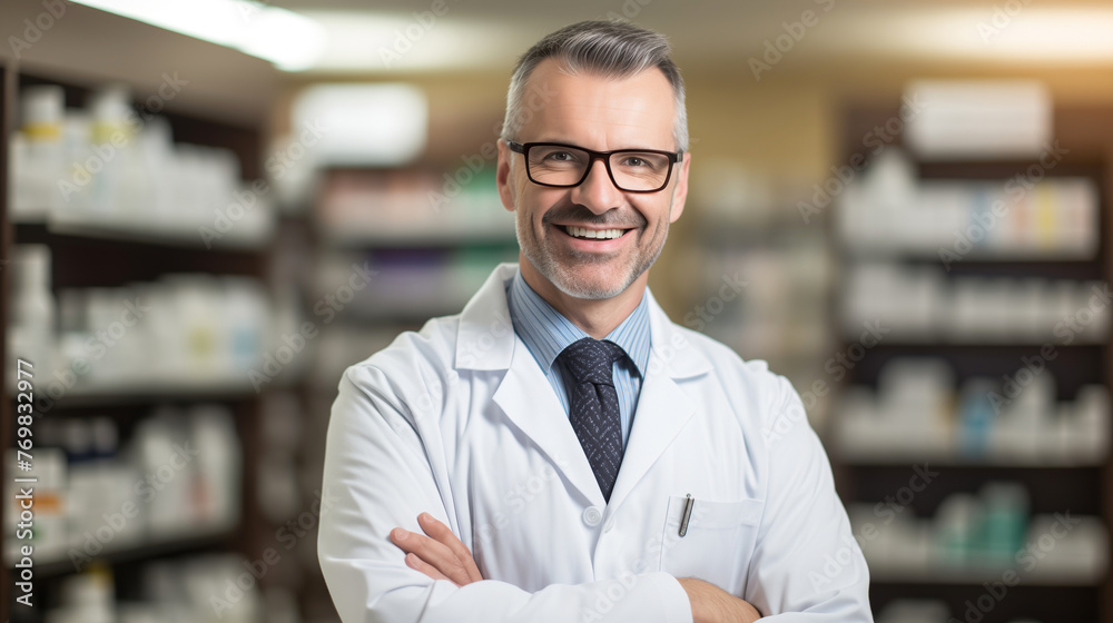 A professional male pharmacist with a warm smile standing confidently in a well-stocked pharmacy. Confident Male Pharmacist Smiling in Pharmacy.