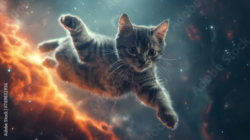 Tabby Kitten Soaring Through a Cosmic Space