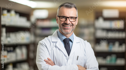 A professional male pharmacist with a warm smile standing confidently in a well-stocked pharmacy. Confident Male Pharmacist Smiling in Pharmacy. © sceneperfect