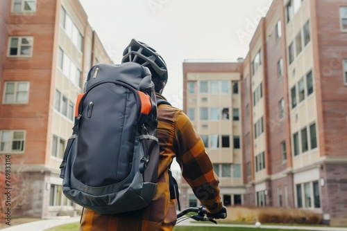 backpack on shoulders of student cycling past college dorms