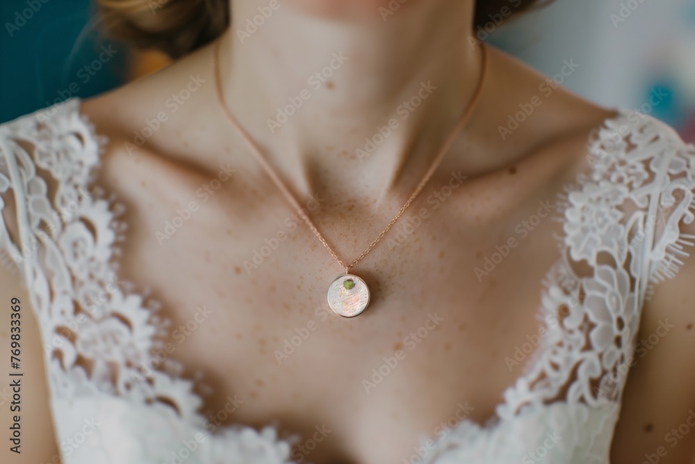 overhead view of brides neckline with a dainty locket overhead view of brides neckline with a dainty locket